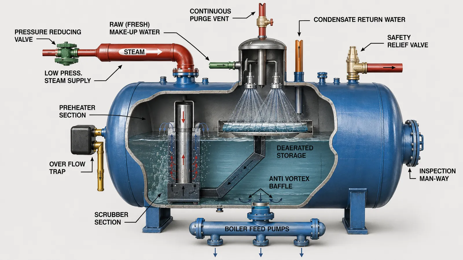 Cutaway of a deaerator and boiler feedwater system showing make-up water, condensate return, scrubber and preheater sections, deaerated storage and boiler feed pumps