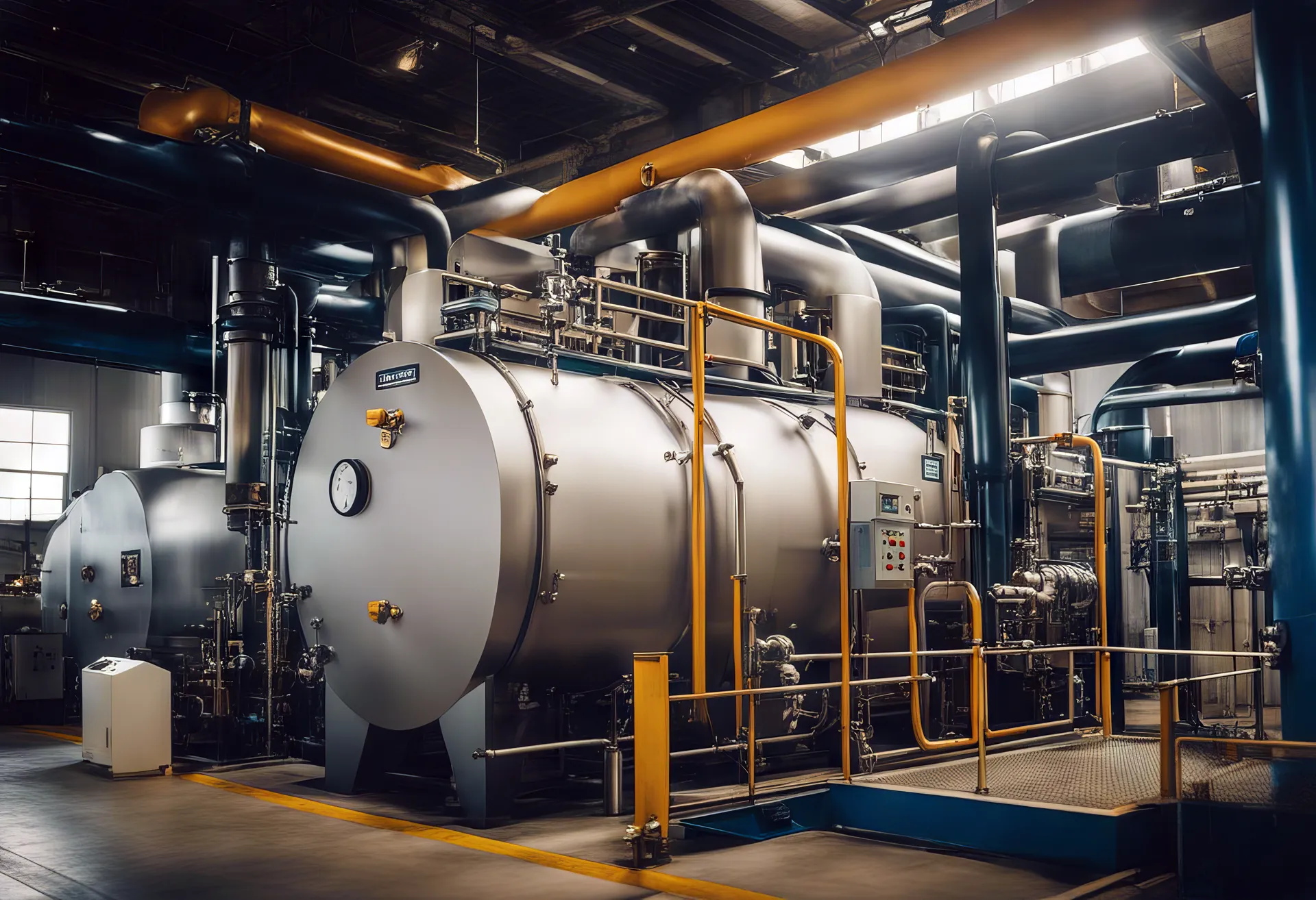 Interior of an industrial boiler plant room with steam pipework