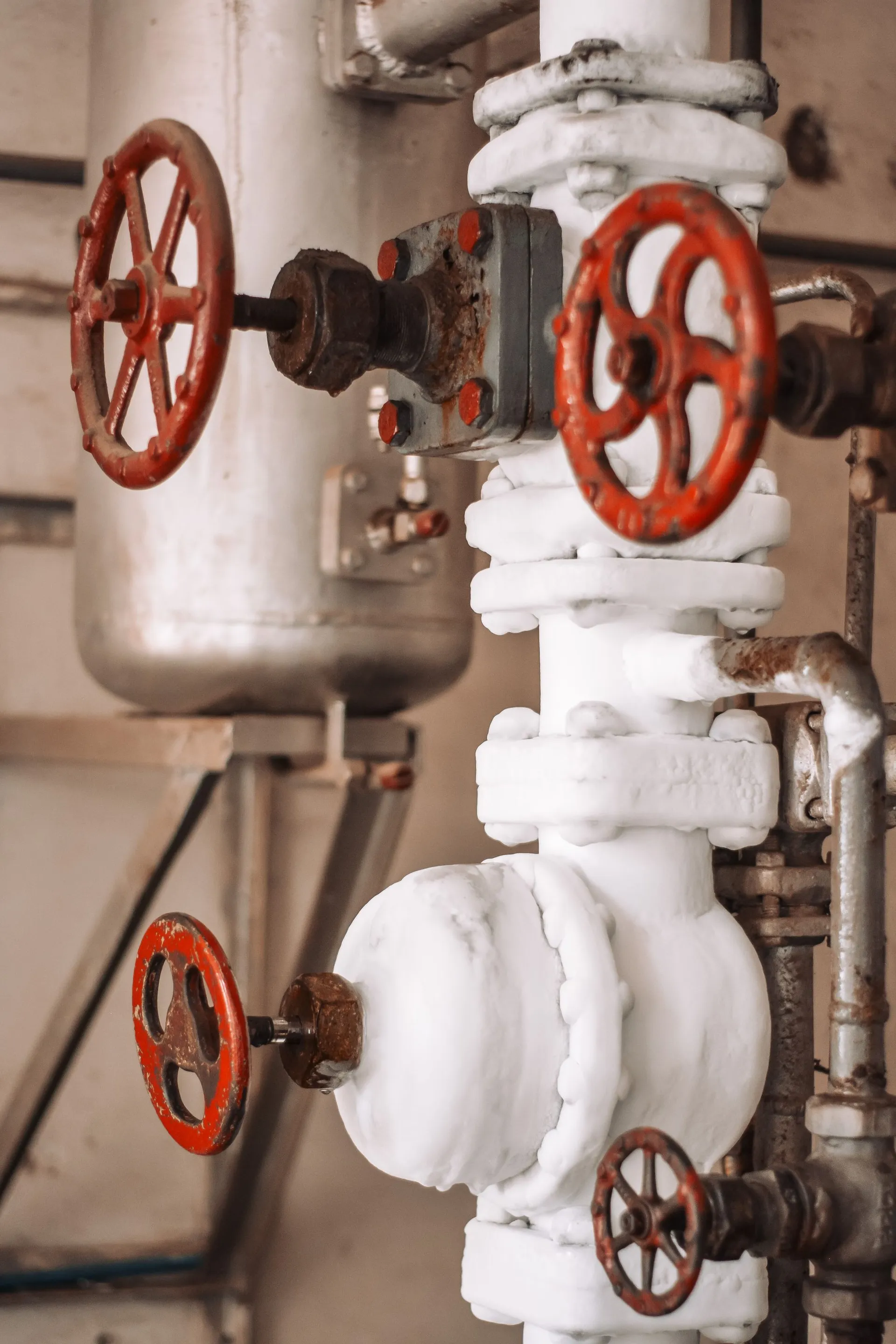 Lagged plant-room pipework with valve handwheels on a closed cooling circuit