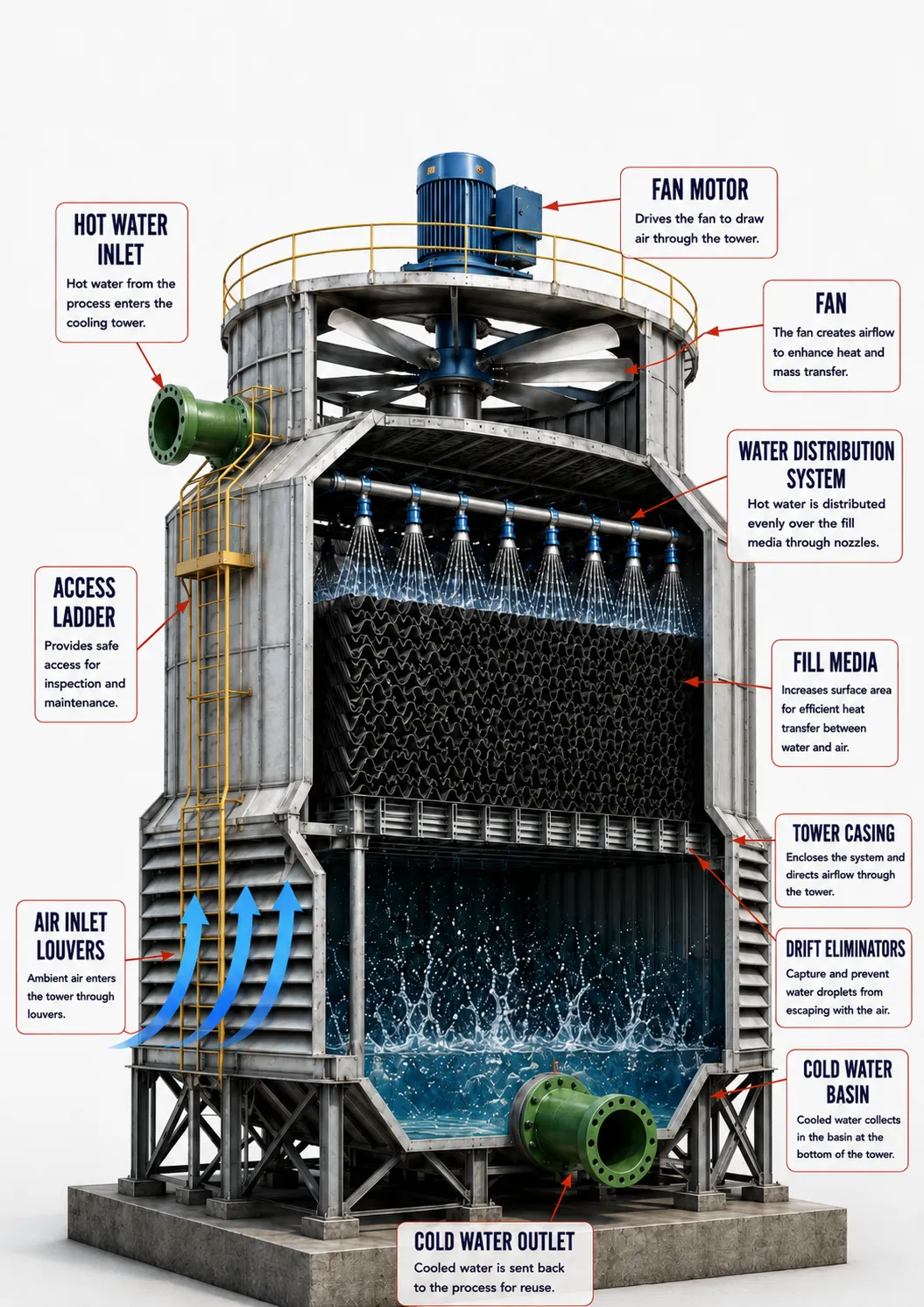 Cutaway of an induced-draft cooling tower showing the fan, water distribution system, fill media, drift eliminators and cold water basin