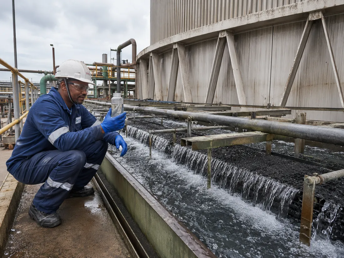 Cooling tower fill and water distribution deck at an industrial site