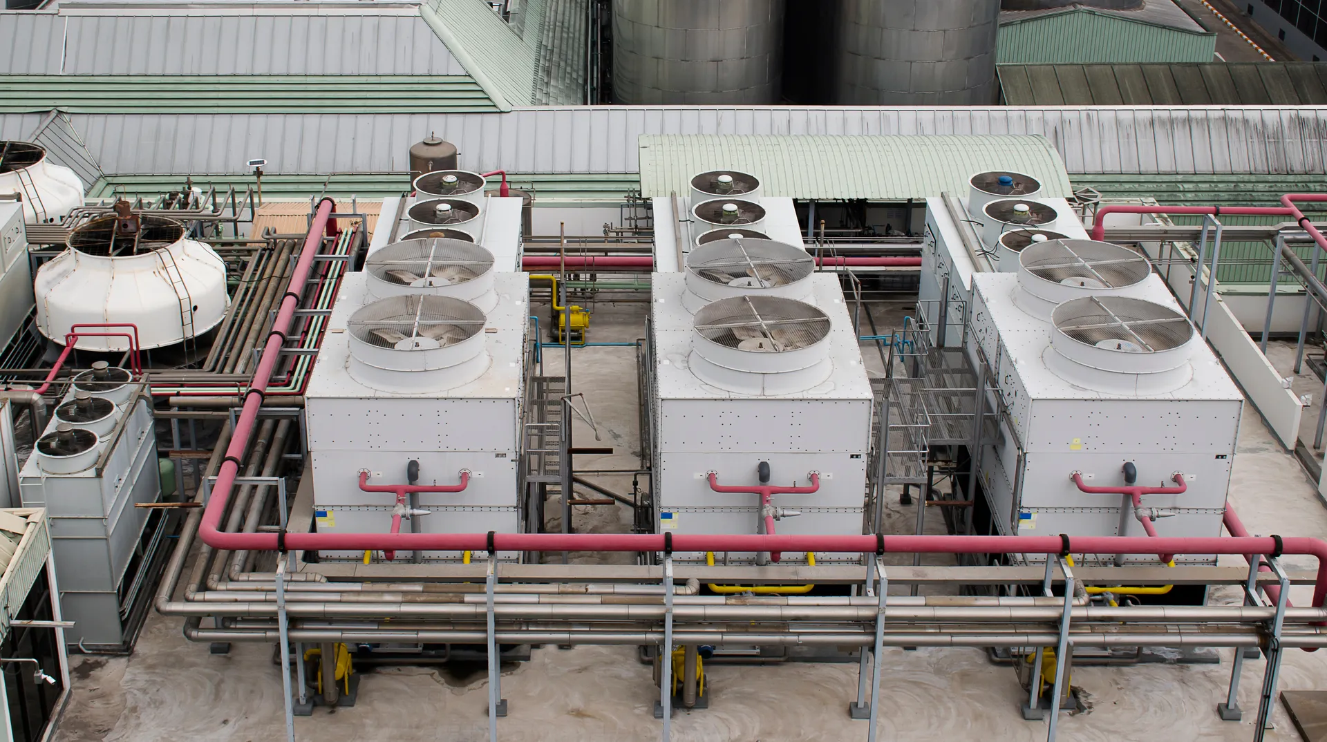 Aerial view of industrial cooling towers