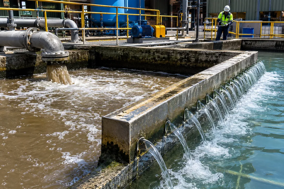 Industrial effluent treatment stage with visibly clarified water leaving a settling stage