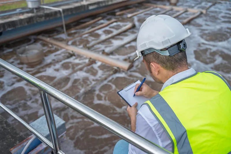 Engineer sampling water at a wastewater aeration basin