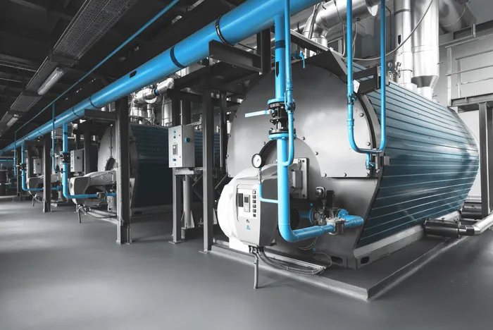Industrial steam boilers with blue pipework in a plant room