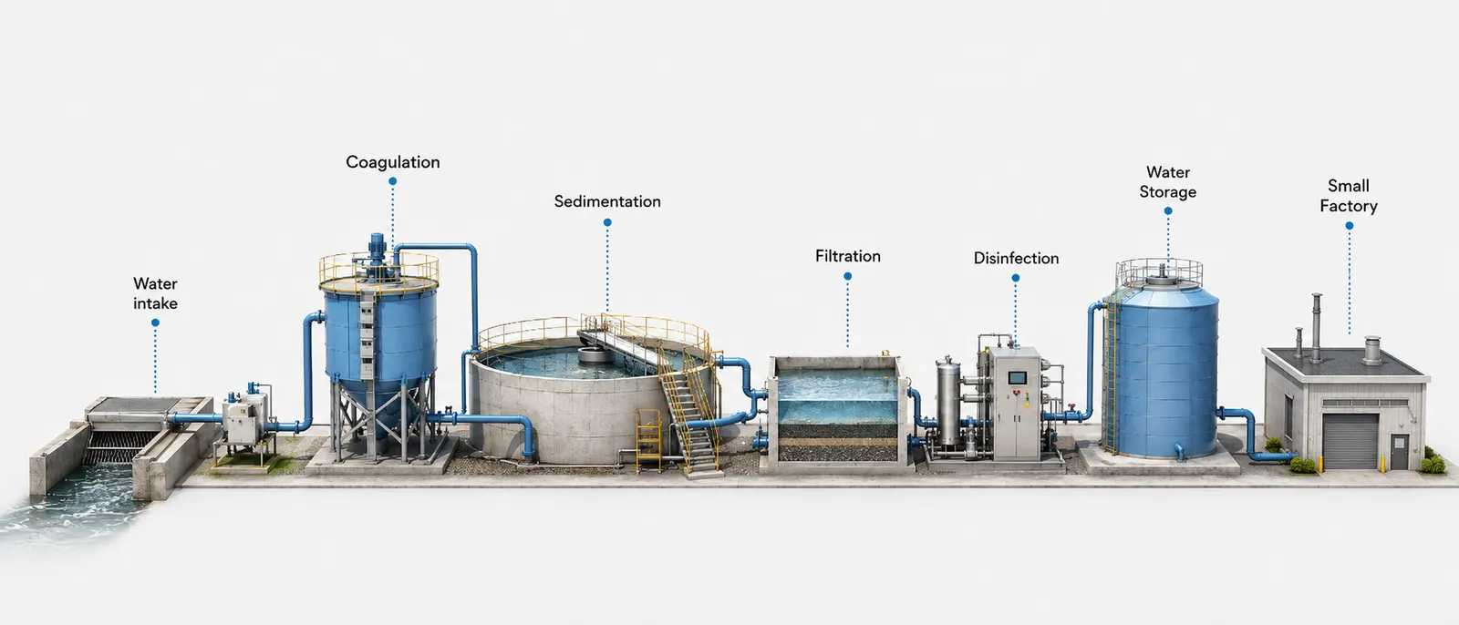 Process water treatment train: intake, coagulation, sedimentation, filtration, disinfection and storage feeding a production facility